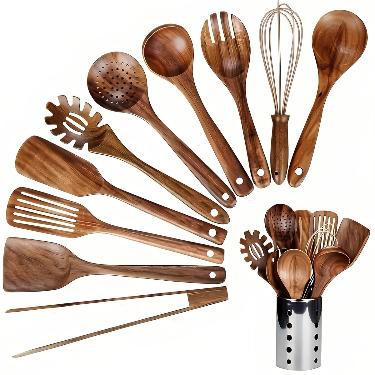 11-Piece Teak Kitchen Tool Set with Holder - Natural Wood