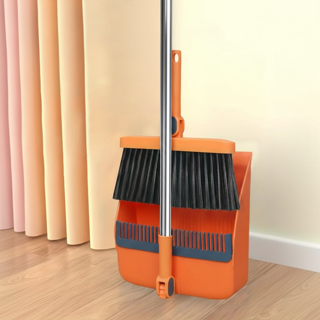 Rotatable Long Handle Broom and Dustpan Set with Built-In Comb Teeth